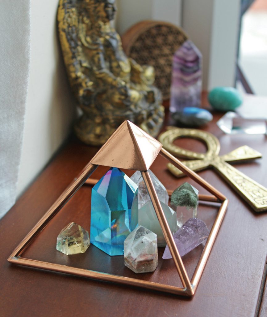 Crystals in a copper pyramid