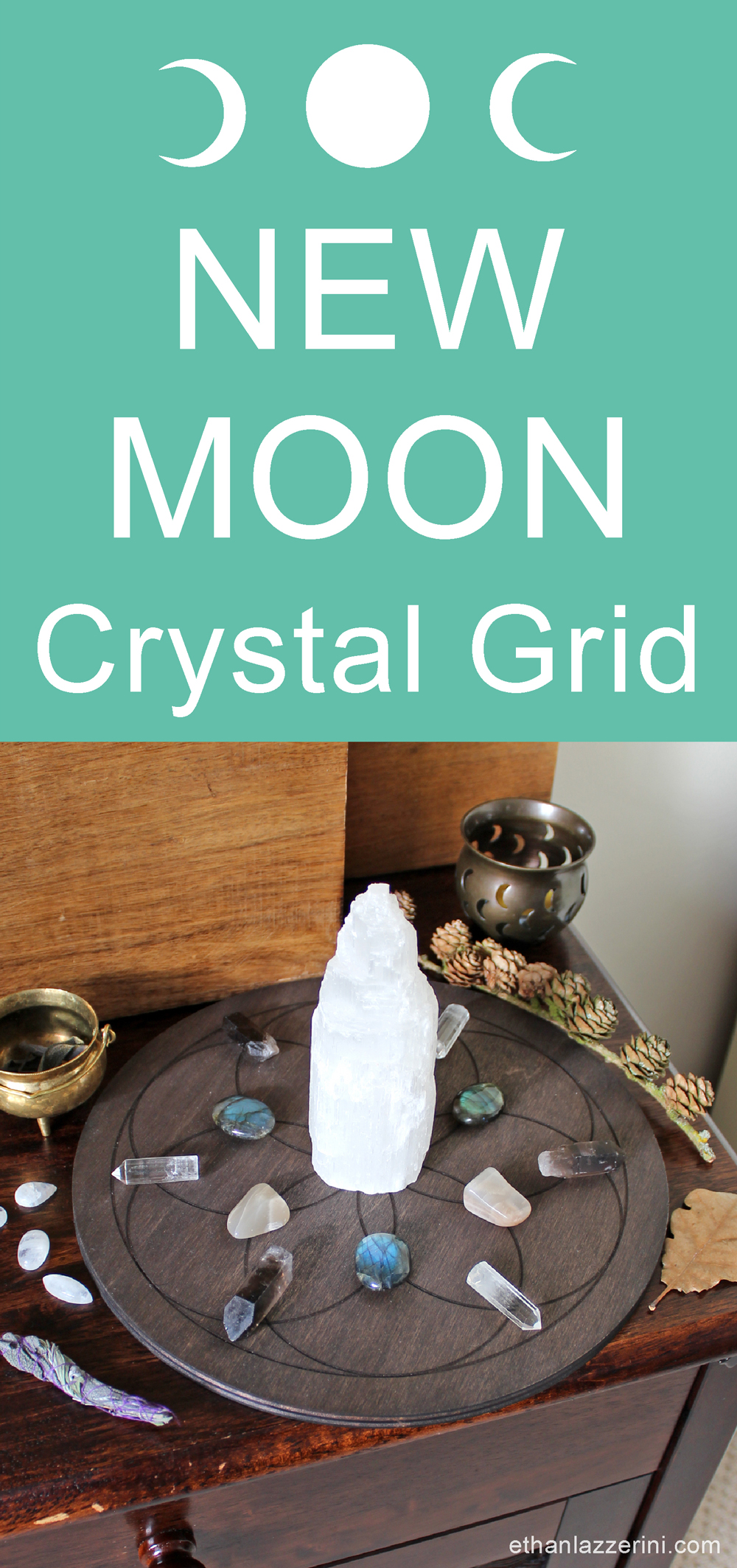 New moon crystal grid (save to Pinterest)