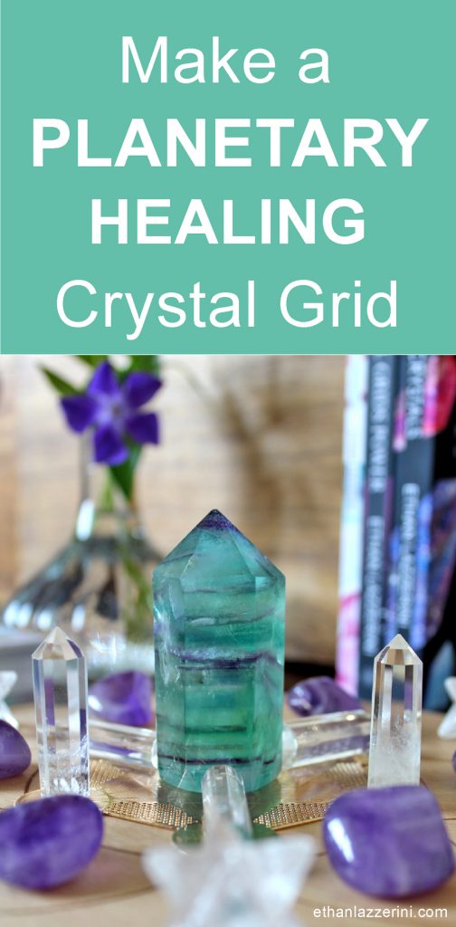 Planetary healing crystal grid ideas. Rainbow fluorite crystal point and flowers