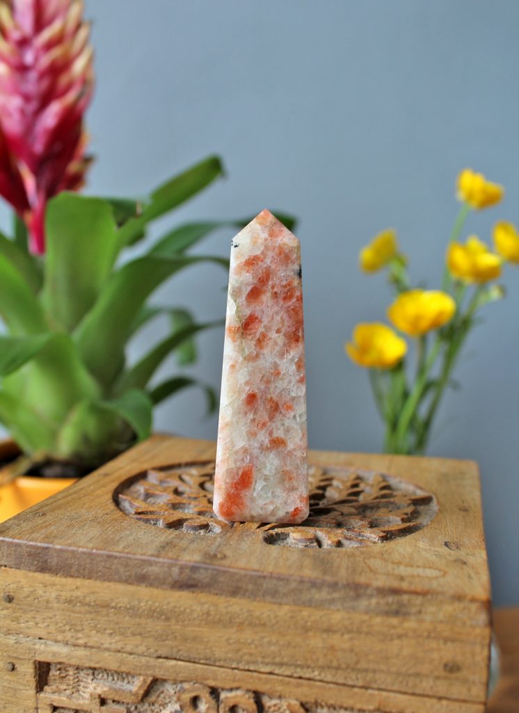 Crystals for Summer - Sunstone Obelisk, wooden box and flowers