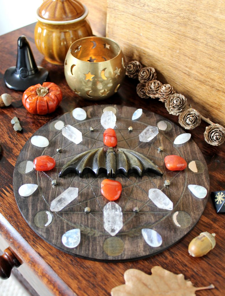 Autumn/Fall, Halloween crystal grid with obsidian bat carving