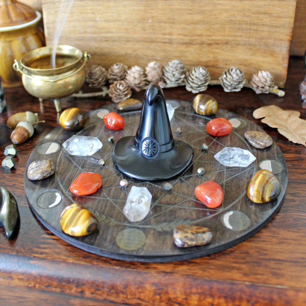 My Halloween / Samhain crystal grid with black obsidian witches hat