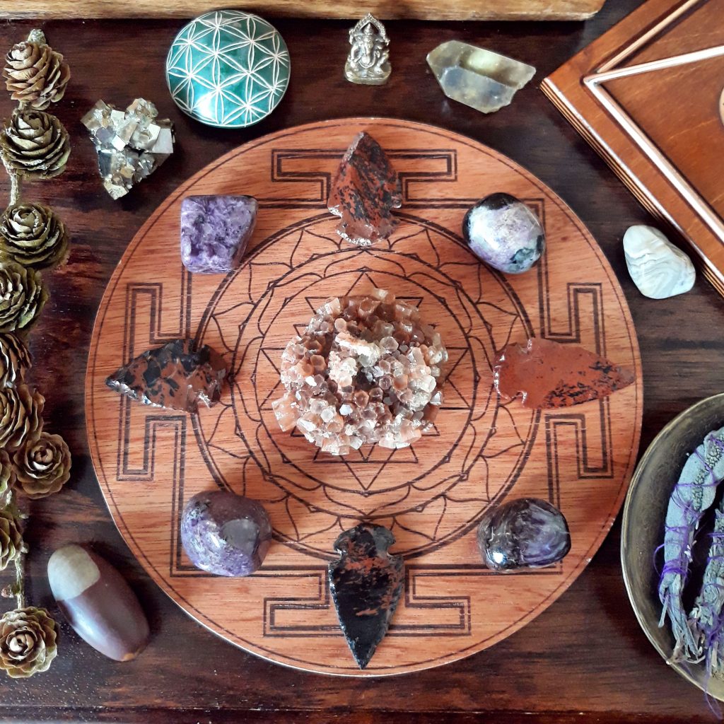 sri yantra crystal grid with aragonite cluster, mohogany obsidian arrowheads and charoite