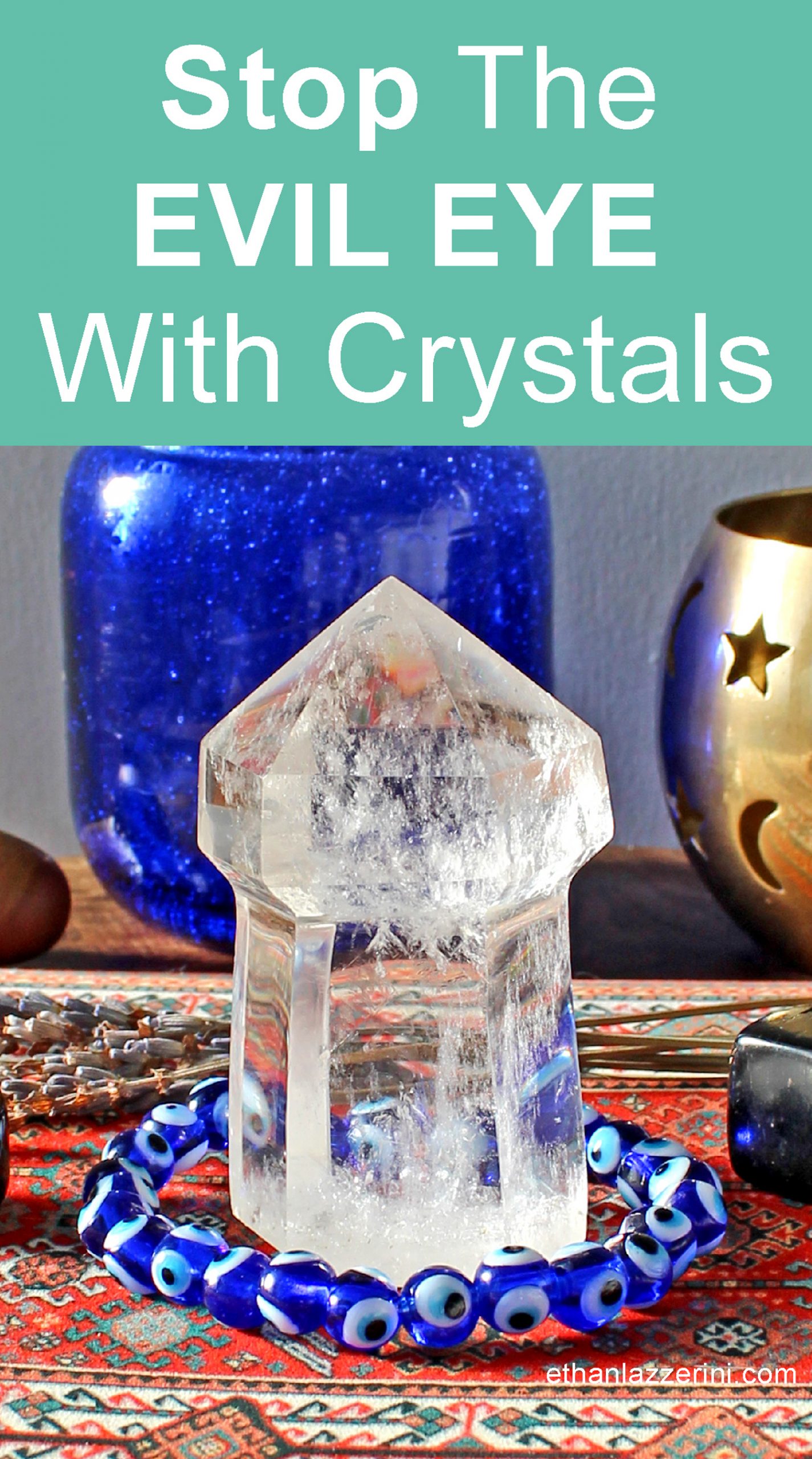 Clear Quartz crystal point with a glass evil eye bead bracelet around it