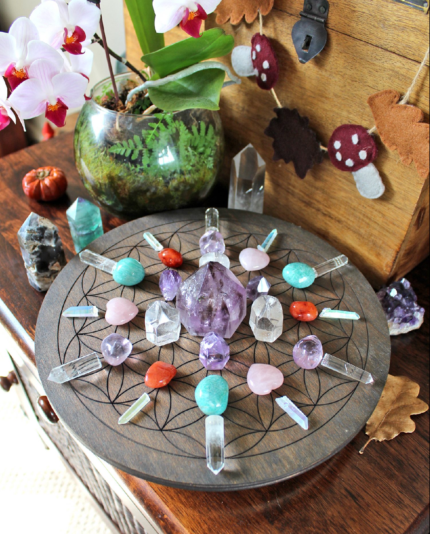 crystal grid with lots of different crystals