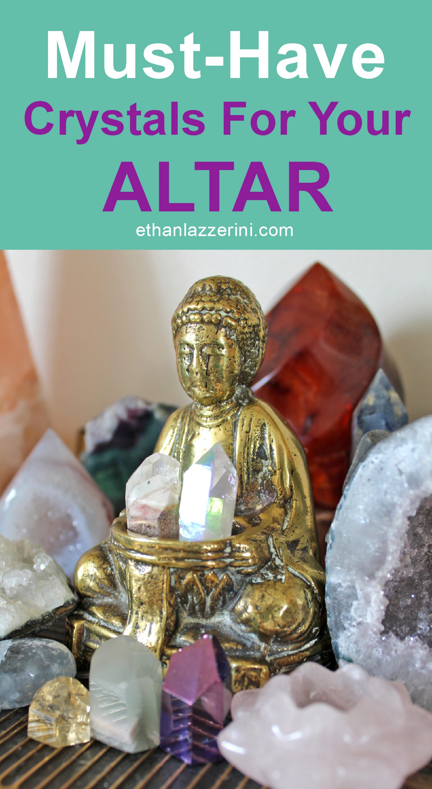 Brass Buddha with crystal points in a bowl surrounded by lots of crystals, geode and rose quartz lotus flower
