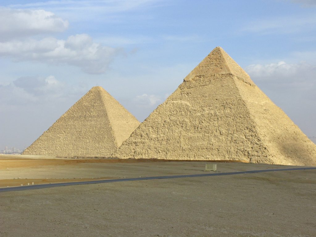 Two of the pyramids at Giza, Egypt. Includes the great pyramid