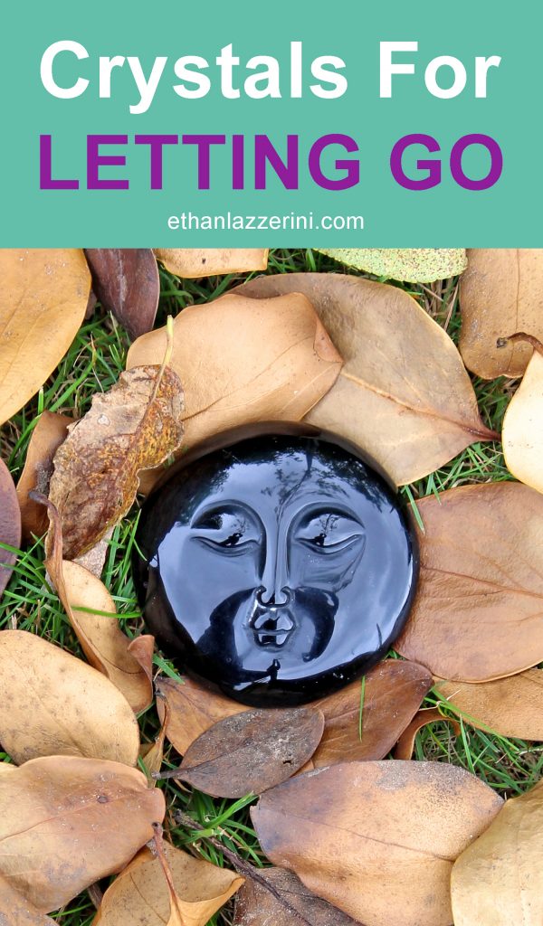 Crystals for letting go - Black Obsidian moon Face with autumn leaves