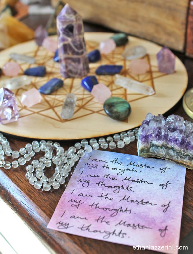 crystal grid with affirmation note