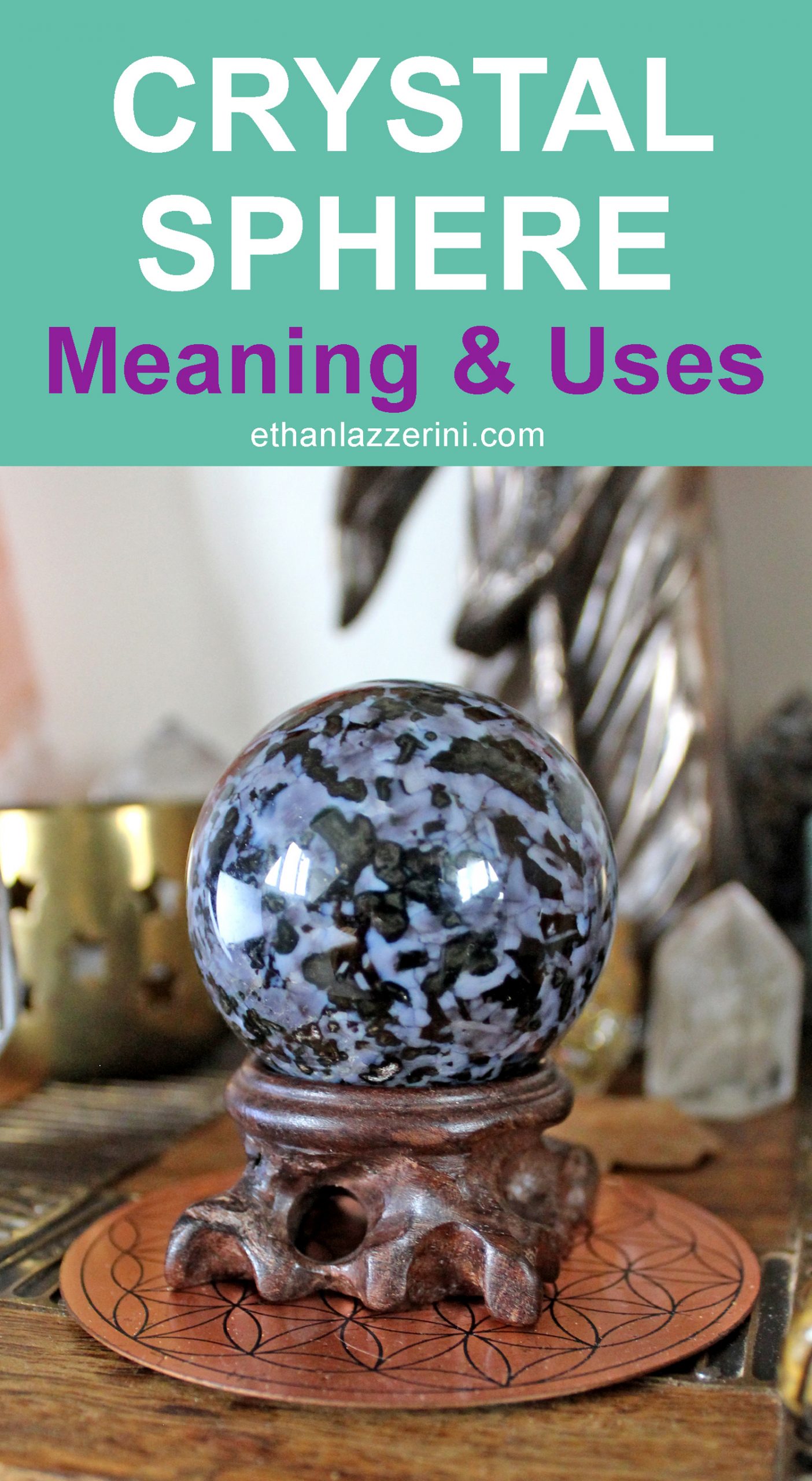 blog post graphic for crystal sphere meaning with Mystic Merlinite sphere